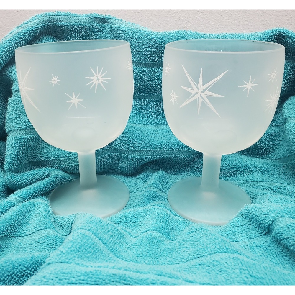Vtg MCM Bartlett Collins Etched Atomic White Frosted Thumbprint Goblets Set Of 2